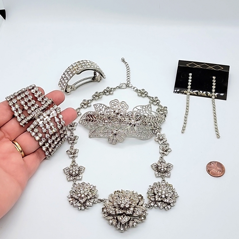 Formal Elegant Jewelry 5 piece Rhinestone silvertone set neck wrist hair ear
